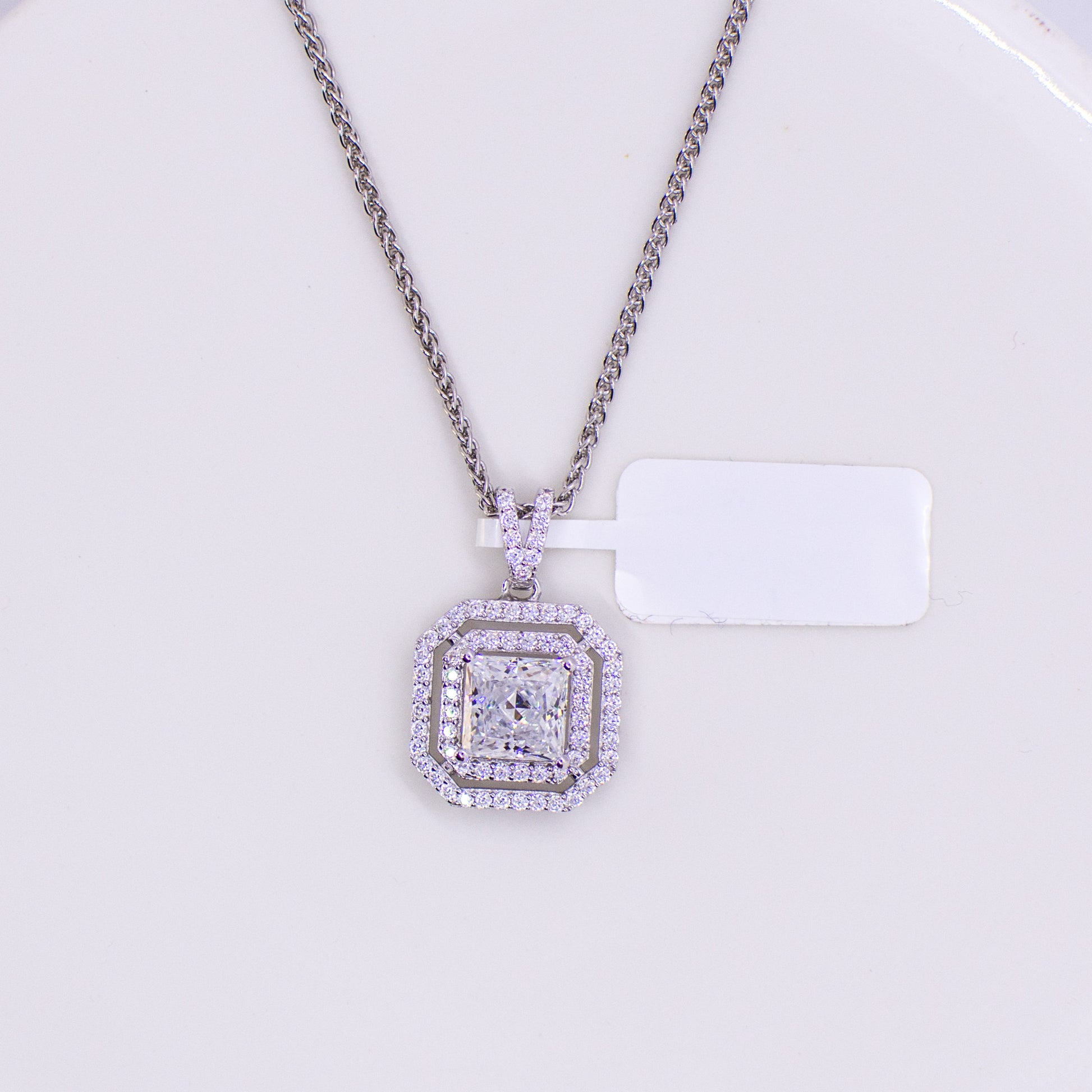 Silver Princess CZ Square Double Halo Pendant Necklace - John Ross Jewellers