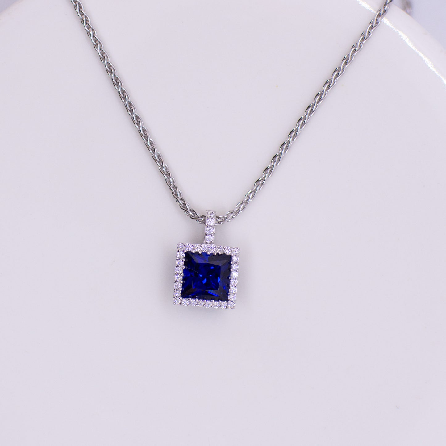 Silver Created Sapphire & CZ Square Halo Pendant Necklace - John Ross Jewellers