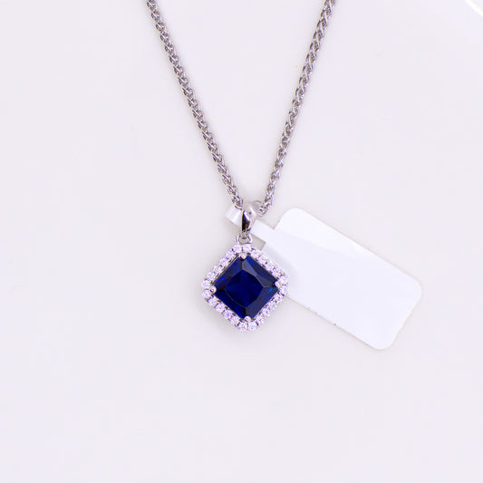 Silver Created Sapphire & CZ Square Halo Pendant Necklace - John Ross Jewellers