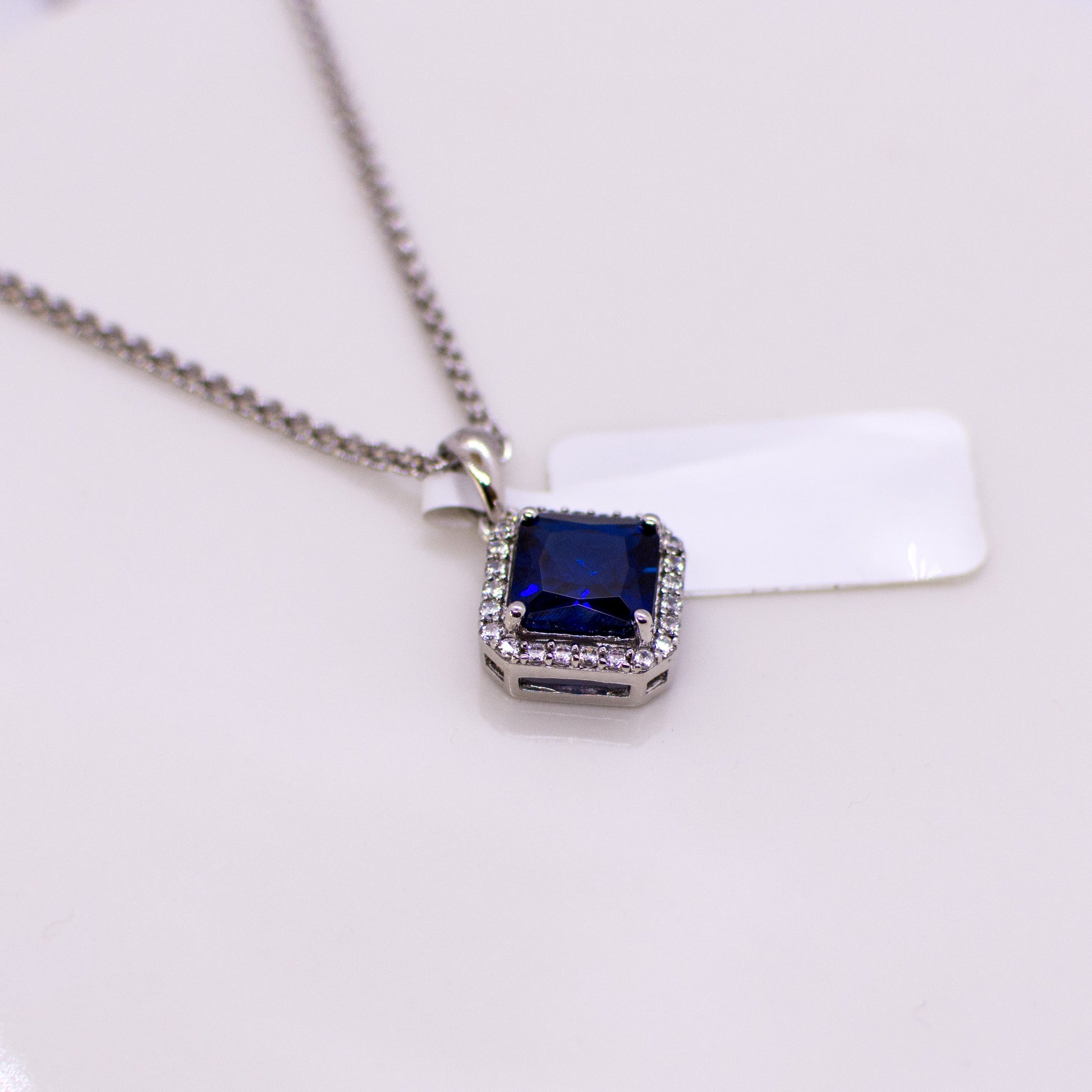 Silver Created Sapphire & CZ Square Halo Pendant Necklace - John Ross Jewellers