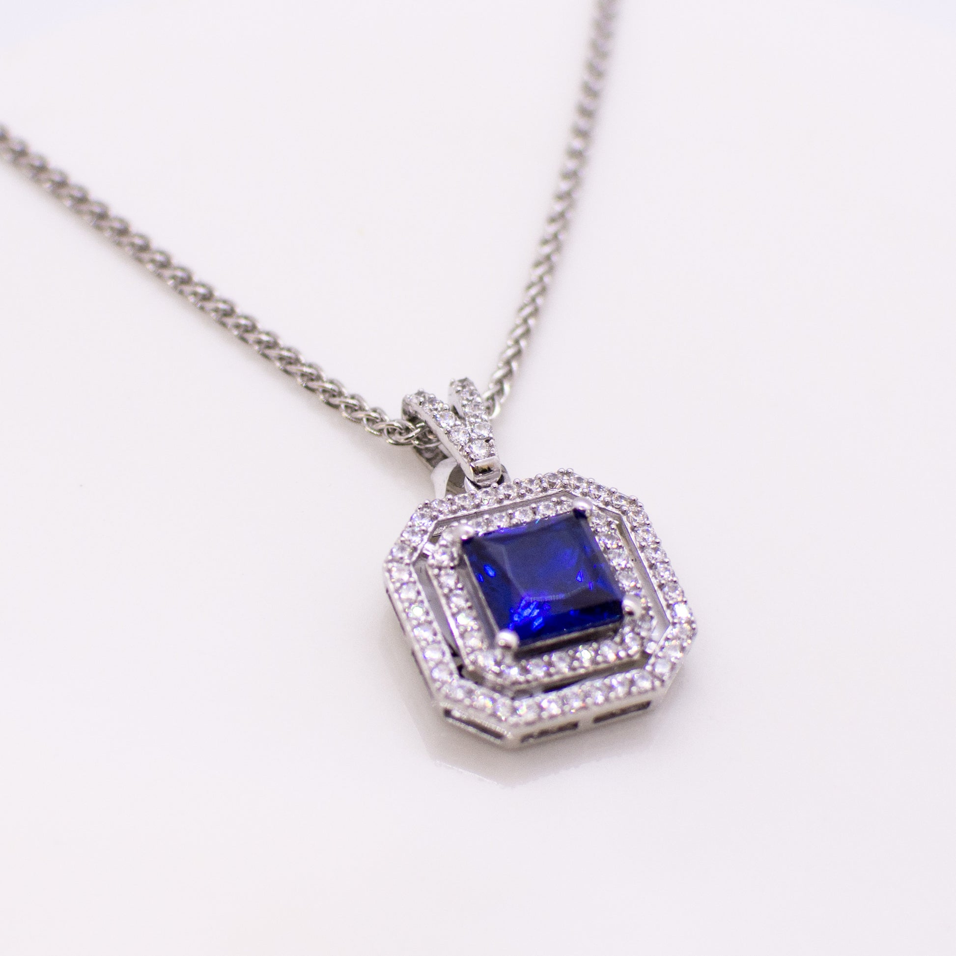 Silver Created Sapphire & CZ Square Double Halo Pendant Necklace - John Ross Jewellers