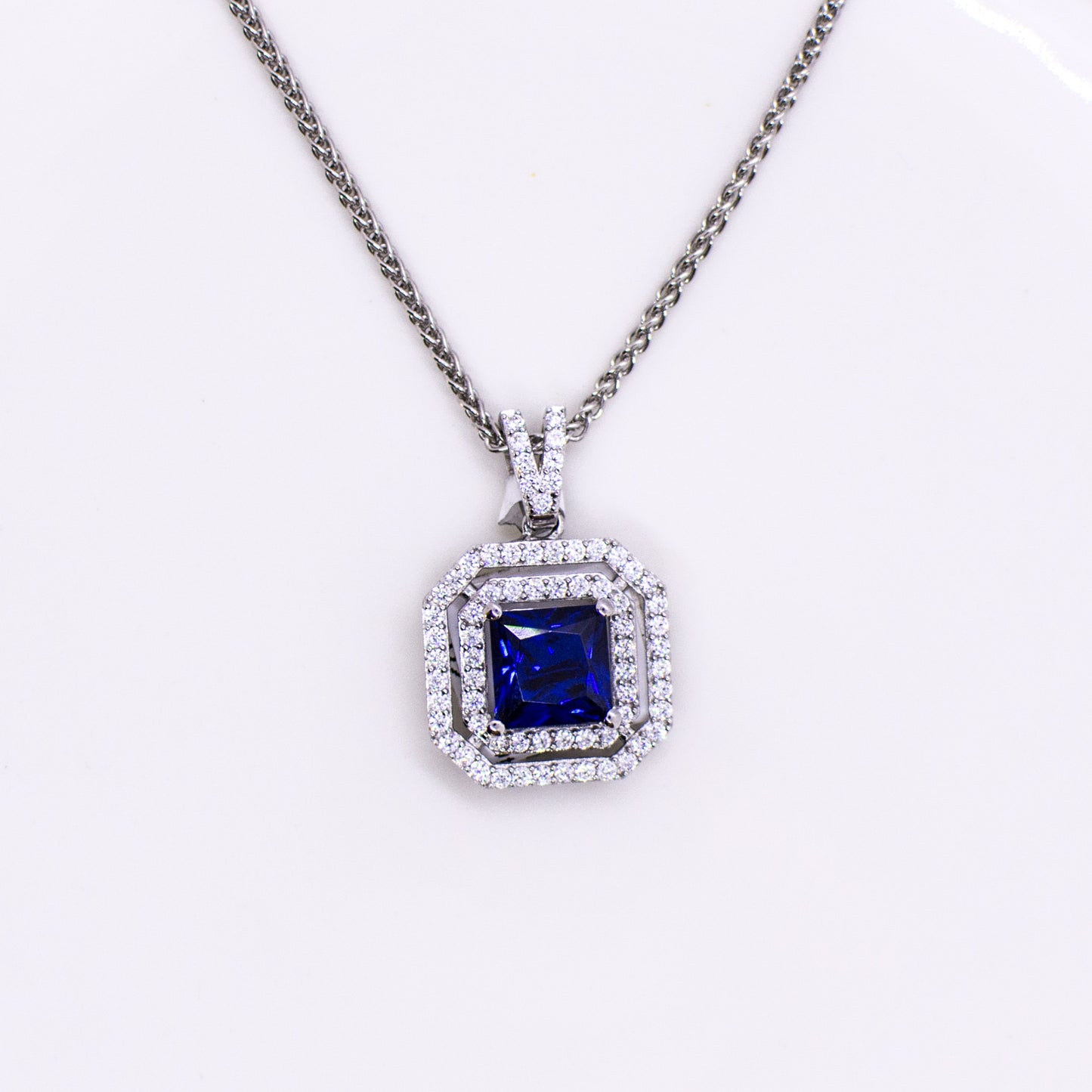 Silver Created Sapphire & CZ Square Double Halo Pendant Necklace - John Ross Jewellers