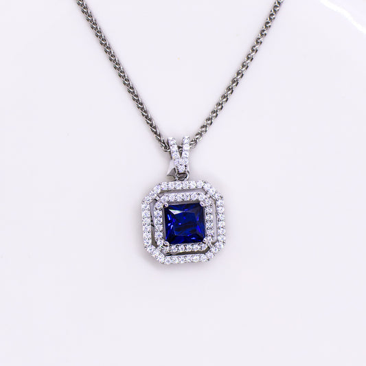 Silver Created Sapphire & CZ Square Double Halo Pendant Necklace - John Ross Jewellers