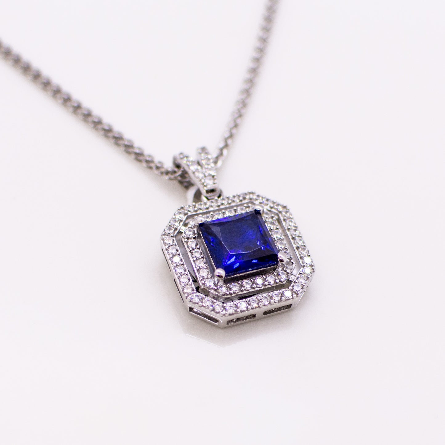 Silver Created Sapphire & CZ Square Double Halo Pendant Necklace - John Ross Jewellers