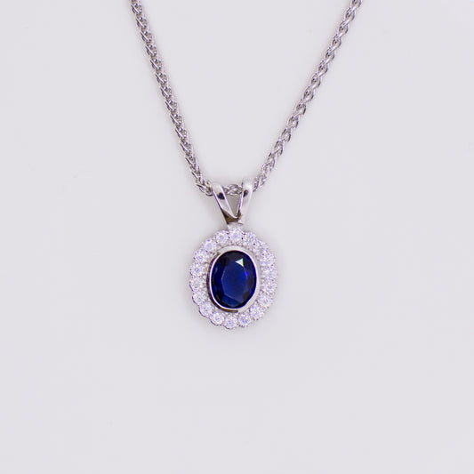 Silver Created Sapphire & CZ Oval Cluster Pendant Necklace - John Ross Jewellers