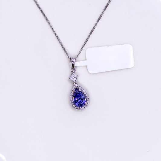 Silver Created Tanzanite & CZ Pear Halo Pendant Necklace - John Ross Jewellers