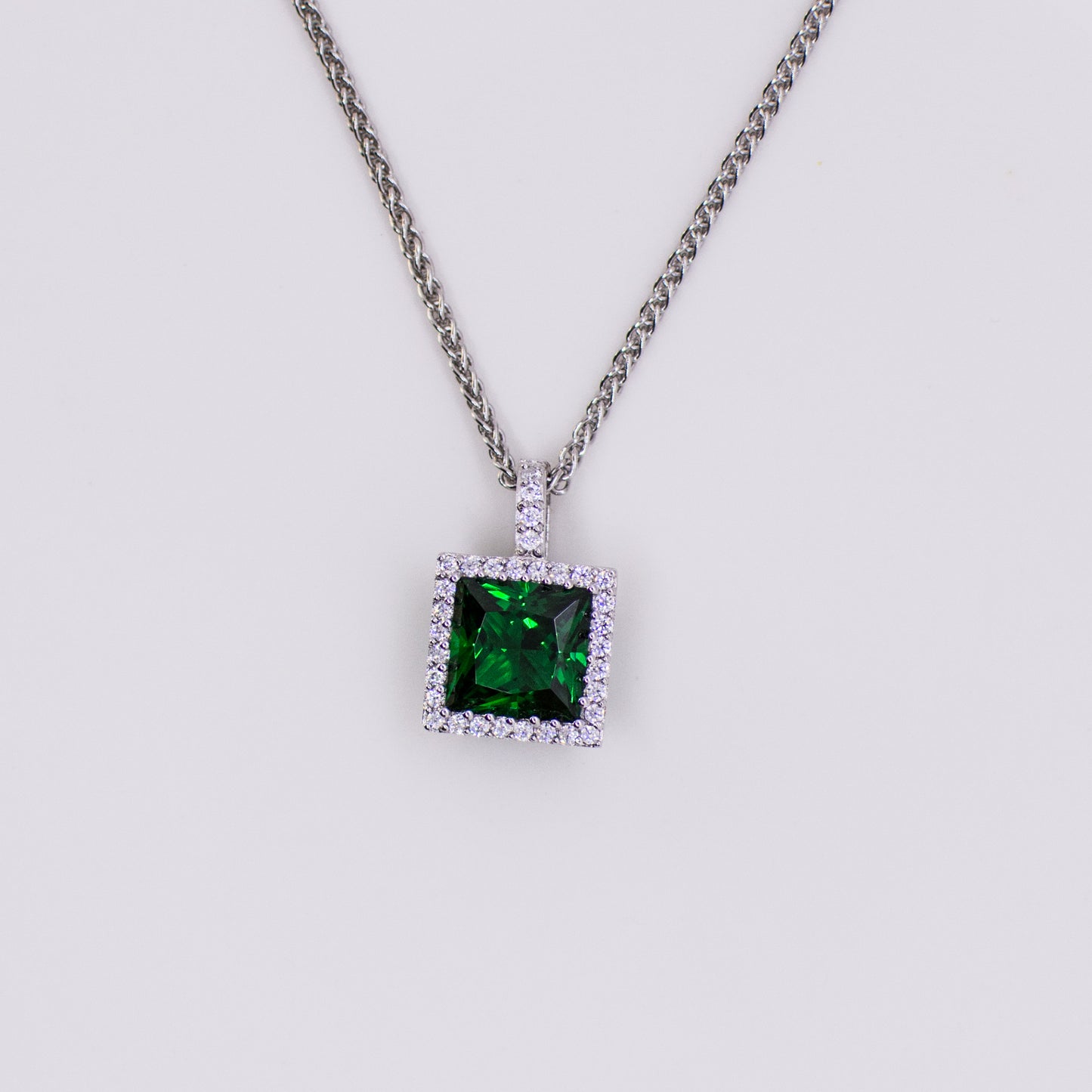 Silver Created Emerald & CZ Square Halo Pendant Necklace - John Ross Jewellers