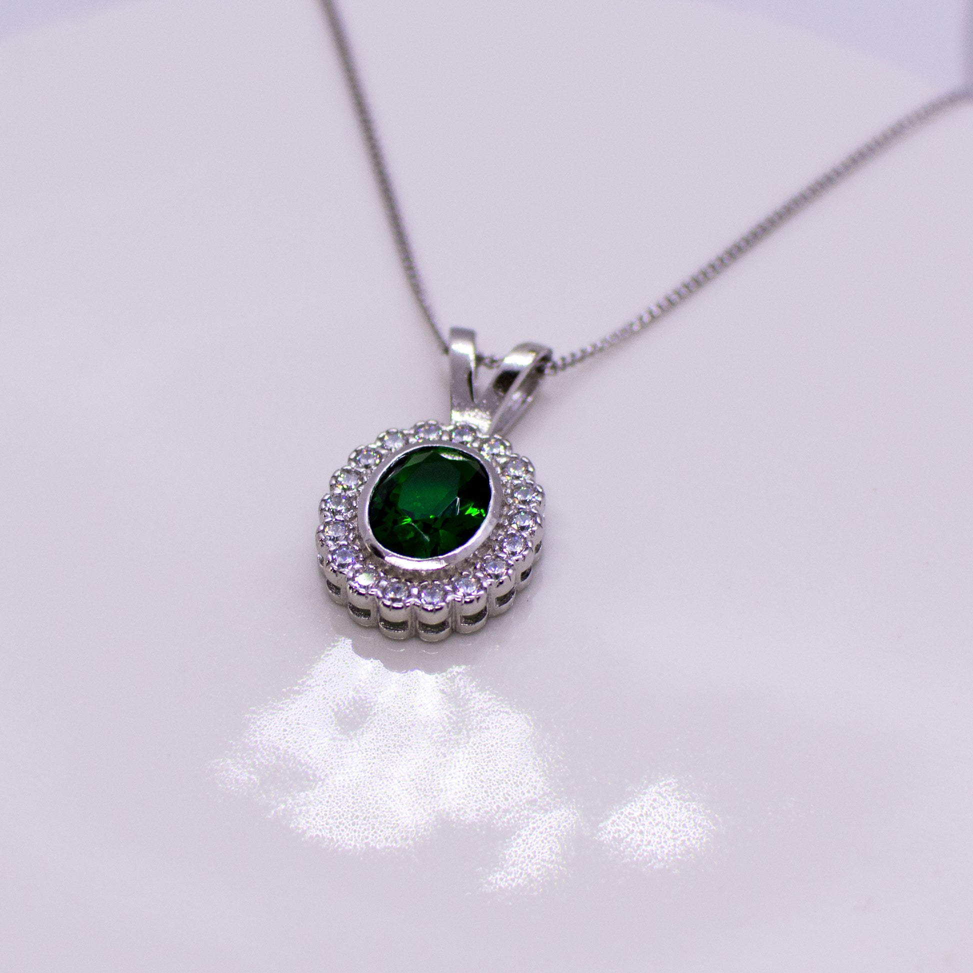 Silver Created Emerald CZ Vintage Oval Necklace - John Ross Jewellers