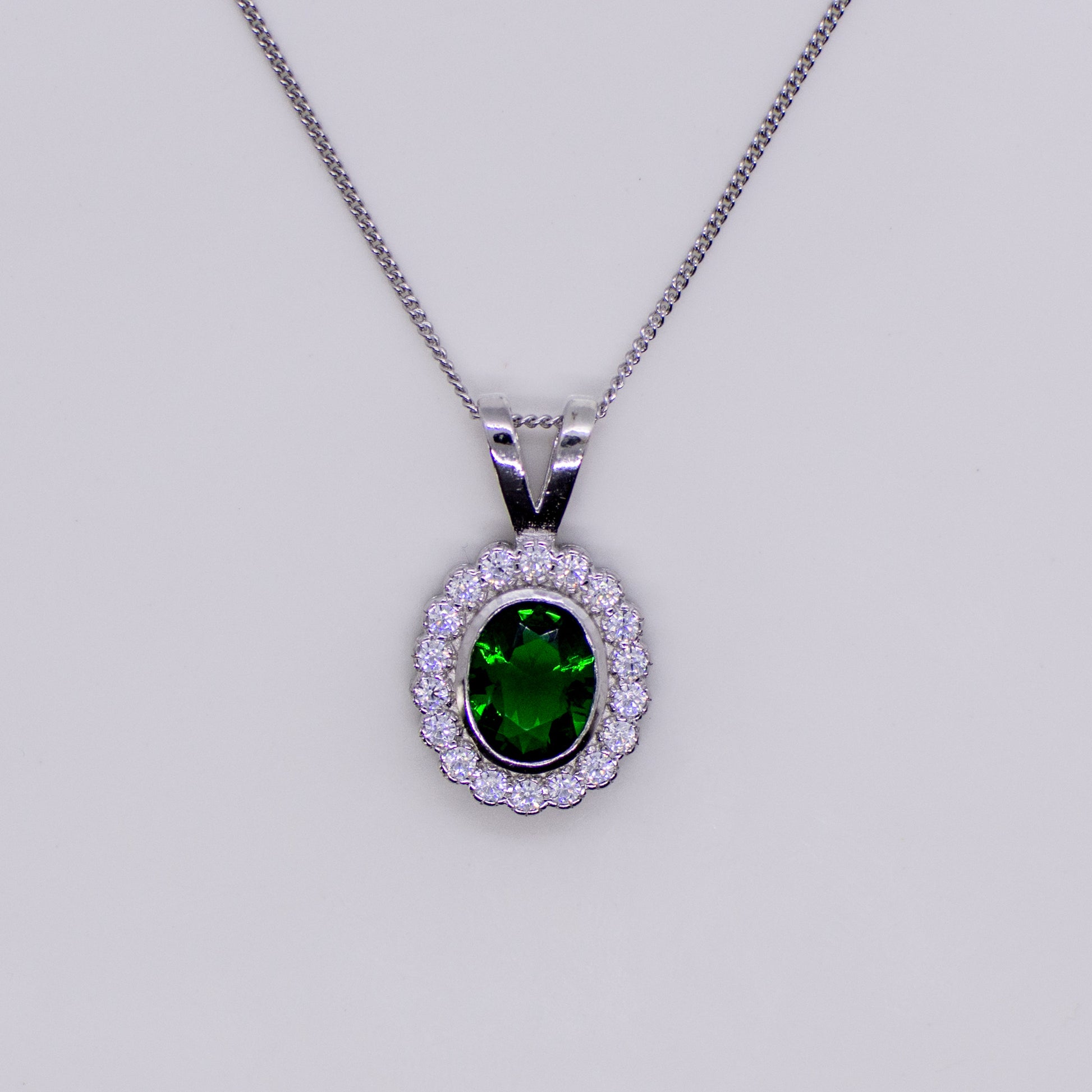 Silver Created Emerald CZ Vintage Oval Necklace - John Ross Jewellers