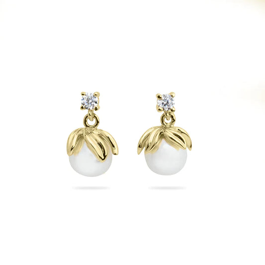 14ct Gold Camellia Pearl & CZ Drop Earrings - John Ross Jewellers