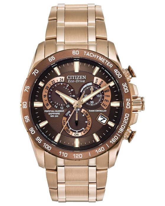 This Citizen Perpetual Chrono A.T is an alarm chronograph with day-date function is Radio Controlled in 5 time zones. Featuring an anti-reflective sapphire crystal. In warm shades of brown and gold with stainless steel rose gold brown ion plating and a stainless steel rose gold bracelet.