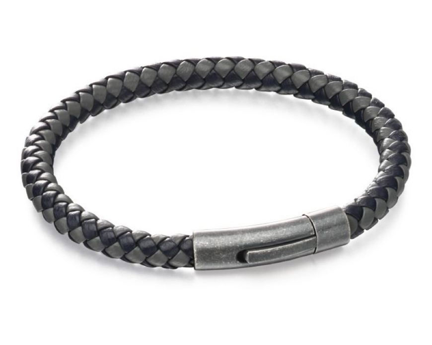 FRED BENNETT Grey & Navy Braided Leather Wristband - John Ross Jewellers