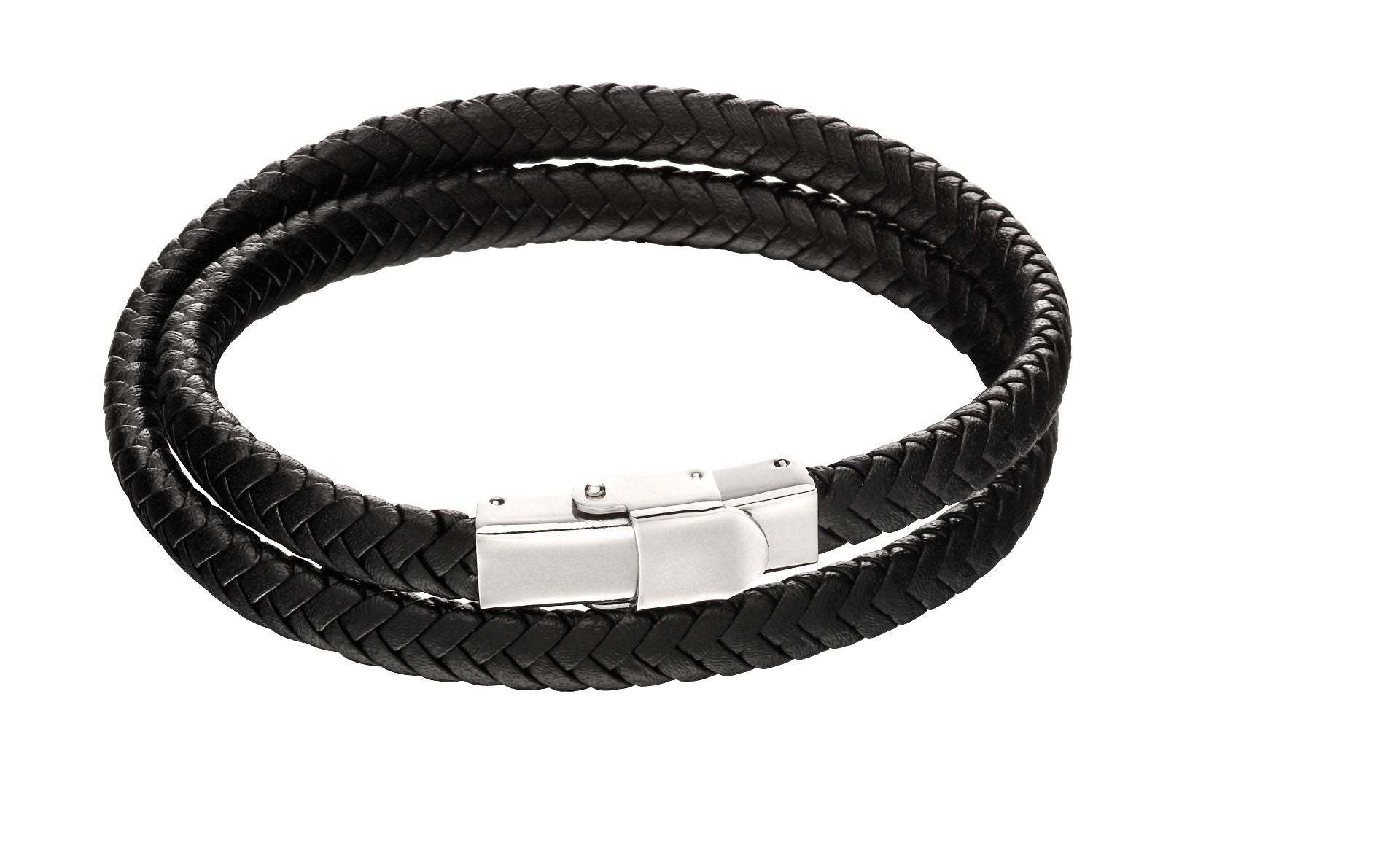 FRED BENNETT Black Plaited Leather Wraparound Wristband - John Ross Jewellers