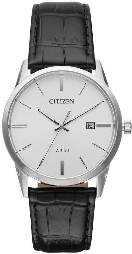 Citizen mens quartz silver-tone stainless steel case and black leather strap with a crisp white dial. The watch includes a 39mm case.