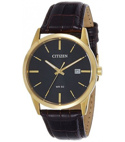 Citizen mens quartz gold-tone stainless steel case and brown leather strap with black dial. The watch includes a 39mm case.