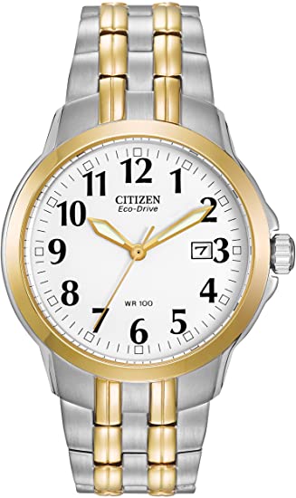 Classic-look mens Citizen Eco-Drive model in two-tone steel and gold plate. The silver dial is set with black numeral hour markers and a date function. The watch includes water resistance of 100 metres and a 40mm case.