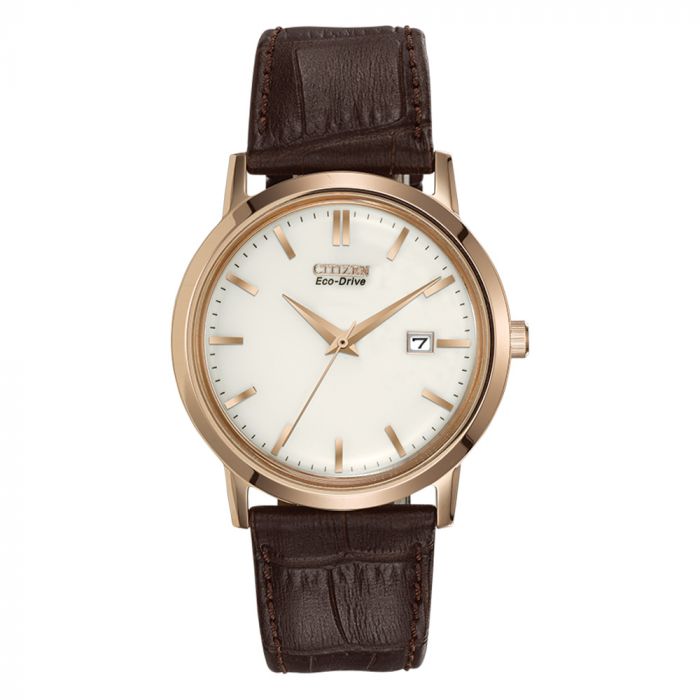 Elegant mens Citizen watch in PVD rose plating and brown leather, set around a champagne-coloured dial with gold baton markers and a date function. The watch is powered by Eco-drive movement. The watch includes a 40mm case.
