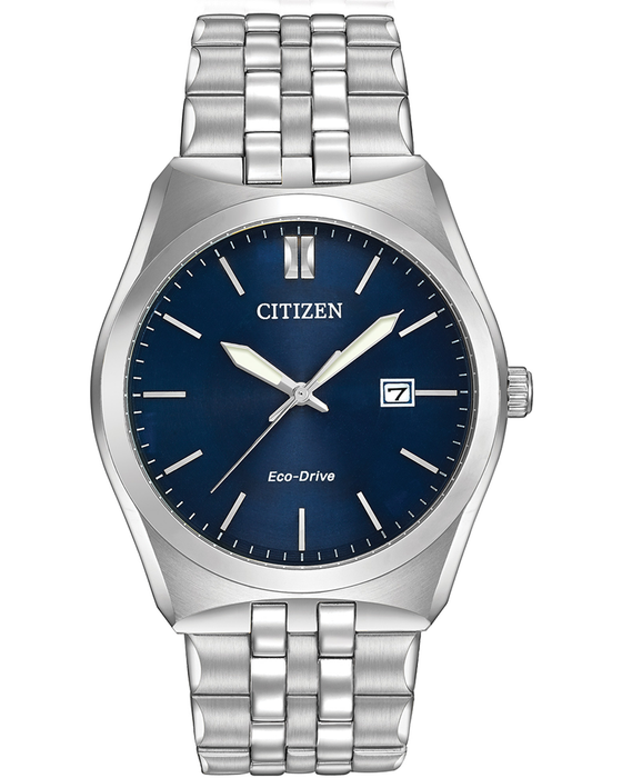 The byword is versatility for this handsome 3-hand Men's Bracelet watch crafted in stainless steel. Details include a sophisticated deep blue dial and a date window perfect for the every day businessman. Featuring Eco-Drive technology – powered by light, any light. Never needs a battery.
