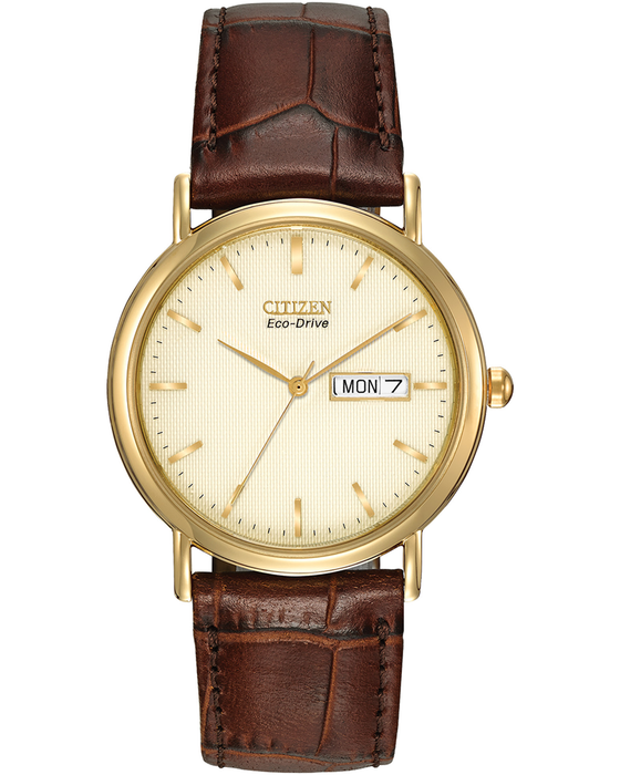 Timeless appeal abounds with this simple, stainless steel watch from Citizen with a 36mm case and brown leather strap. The champagne dial, along and day-date indicator, lend an air of practicality to this model. Features our Eco-Drive technology – powered by light, any light. Never needs a battery.