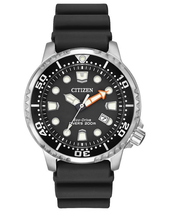 Citizen introduces a fun and functional Eco-Drive ISO-compliant dive watch. It is powered by light and never needs a battery, so you'll never need to open your caseback or compromise your dive again. Well-sized with 42mm case, 1-way rotating elapsed-time bezel, screw-back case and screw-down crown, polyurethane strap with buckle and anti-reflective crystal. WR200.