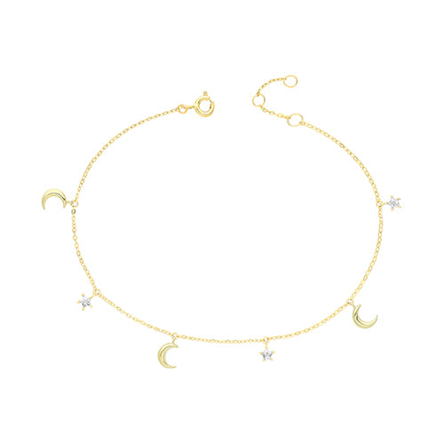 9ct Gold CZ Star & Moon Charm Bracelet - John Ross Jewellers