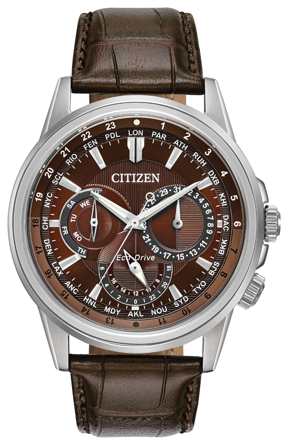 Bring sophistication to your day with the Citizen Calendrier, powered by any light with Eco-Drive. This timeless watch features 12/24-hour time, world time in 24 cities and day/date. Men's watch featured with stainless steel case, chocolate brown leather strap with matching brown dial. Featuring Eco-Drive technology – powered by light. The watch includes a 44mm case.