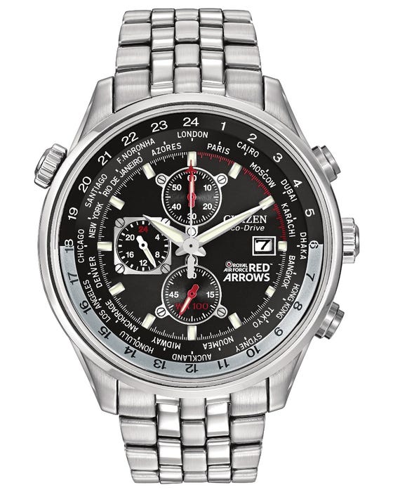 Take to the skies with this chronograph from Citizen’s RAF Red Arrows Collection. Styled in stainless steel with a black dial featuring red and white accents., 1/5 second chronograph and 12/24 hour time. The official Red Arrows insignia appears on the watch caseback.