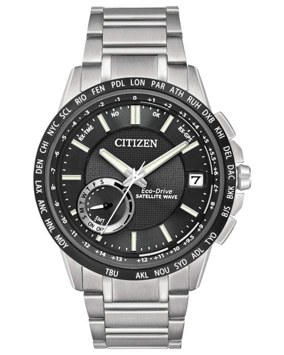 Citizen breaks the boundaries once again in satellite technology with the launch of the Satellite Wave-World Time GPS in stainless steel with black dial. Featuring satellite GPS timekeeping system with worldwide reception area, world time in 27 cities (40 time zones), perpetual calendar, daylight savings time indicator, power reserve and light level power indicators, day and date.