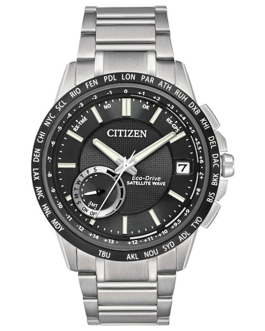 Citizen breaks the boundaries once again in satellite technology with the launch of the Satellite Wave-World Time GPS in stainless steel with black dial. Featuring satellite GPS timekeeping system with worldwide reception area, world time in 27 cities (40 time zones), perpetual calendar, daylight savings time indicator, power reserve and light level power indicators, day and date.