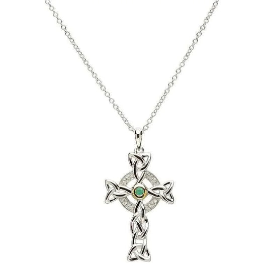 Trinity Knot Diamond & Emerald Silver Celtic Cross Necklace - John Ross Jewellers