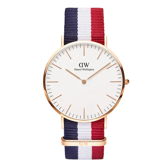 Inspired by the gorgeous colours of a classic flag, this red, white and blue NATO band celebrates timeless preppy American fashion. The playful band, when paired with the simplistic and elegantly slim dial, gives you a timepiece that can be worn to both work and after work.