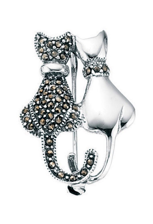 Silver Marcasite Cuddling Cats Brooch - John Ross Jewellers