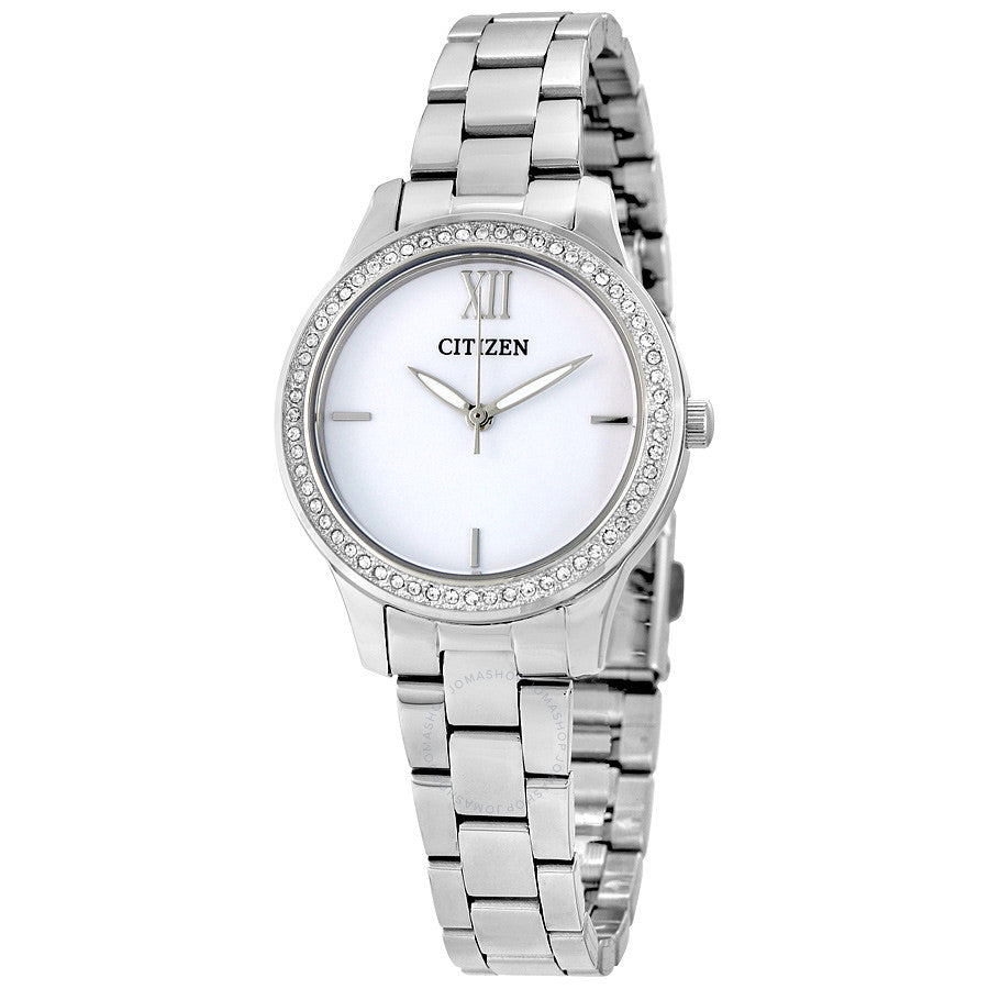 The Citizen Ladies’ Silhouette Crystals offers a timeless look that will never go out of style. With a stainless steel case and bracelet, white dial and bezel adorned with crystals. The watch features a three-hand dial. It includes water resistance up to 30 metres and a 32mm case. 