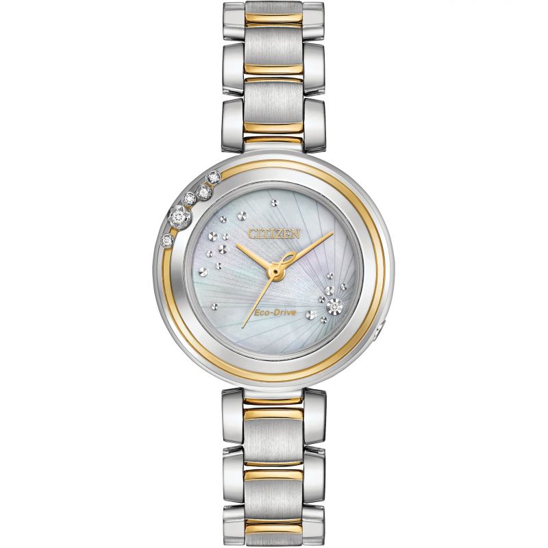 The Citizen Ladies' L Carina is an amazing and interesting Ladies watch. With its subtle graduation of colour, the dial is inspired by a glittering spray of starlight across the evening sky, creating a sparkling interplay of light on the wrist. The exquisitely designed two-tone model features a mother-of-pearl dial and a case that are both beautifully rendered and adorned with 6 precious diamonds and a sapphire crystal glass. It includes water resistance up to 30 metres and a 28mm case. 