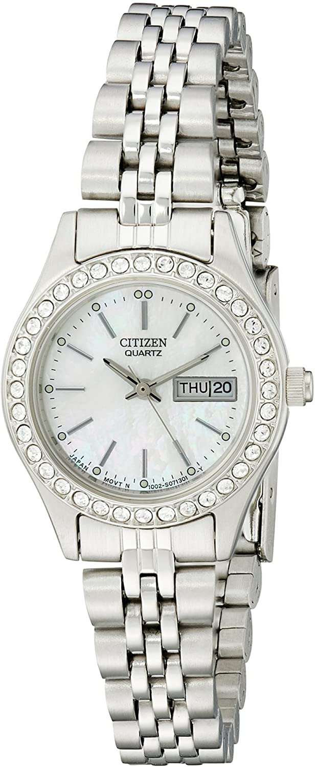 The Citizen Ladies’ Silhouette Crystals offers a timeless look that will never go out of style. With a stainless steel case and bracelet, mother-of-pearl dial and bezel adorned with crystals. The watch features a three-hand dial. It includes water resistance up to 30 metres and a 26mm case. 