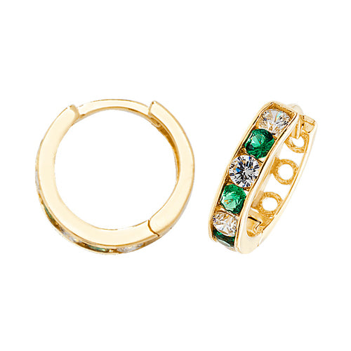 9ct Gold 11mm Huggie Hoop Earrings | Emerald Green & White CZ - John Ross Jewellers