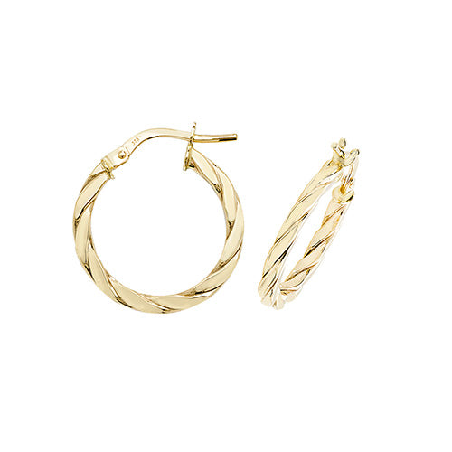 9ct Gold Flat Twist Hoop Earrings 15mm - John Ross Jewellers