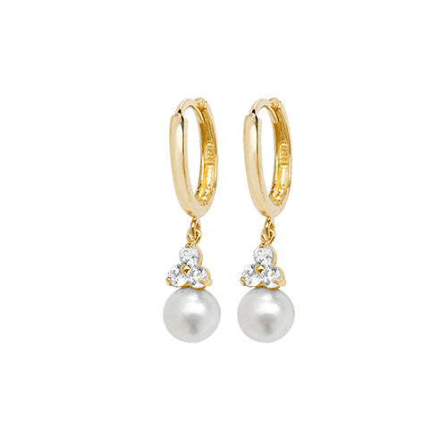 9ct Gold Pearl and CZ Sleeper Earrings - John Ross Jewellers