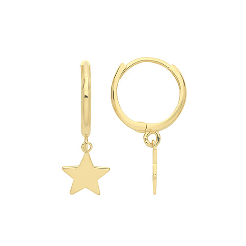 9ct Gold Star Drop Huggie Earrings These 9ct yellow gold hoop earrings are super stylish and bang on trend.  Wear them with any of our gorgeous new 9ct gold fine necklaces.  They are especially nice with a cosy jumper for understated glam on winter days.  An absolute must-have.  They have a plain polished finish. 11mm diameter.  Length 19mm. Material: 9ct gold