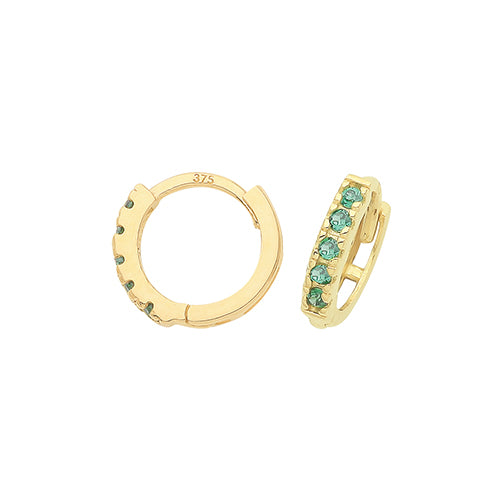 9ct Gold 7mm Huggie Hoop Earrings | Emerald Green CZ - John Ross Jewellers