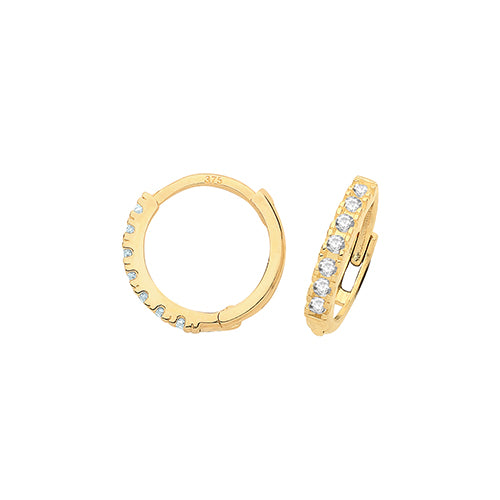 9ct Gold 9mm Huggie Hoop Earrings | White CZ - John Ross Jewellers