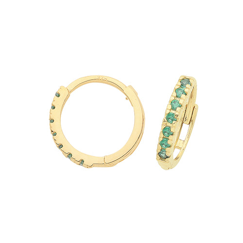 9ct Gold 9mm Huggie Hoop Earrings | Emerald Green CZ - John Ross Jewellers
