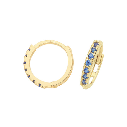 9ct Gold 9mm Huggie Hoop Earrings | Sapphire Blue CZ - John Ross Jewellers