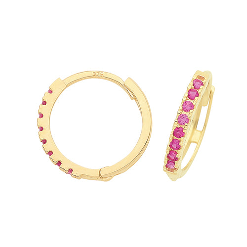 9ct Gold 11mm Huggie Hoop Earrings | Ruby Red CZ - John Ross Jewellers