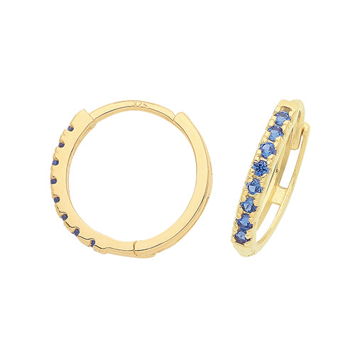 9ct Gold 11mm Huggie Hoop Earrings | Sapphire Blue CZ - John Ross Jewellers