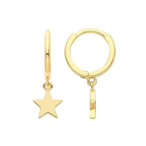 9ct Gold Star Drop Huggie Hoop Earrings - John Ross Jewellers
