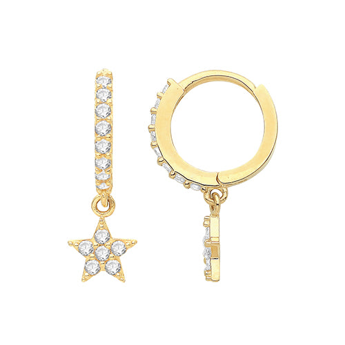 9ct Gold CZ Star Drop Huggie Hoop Earrings - John Ross Jewellers