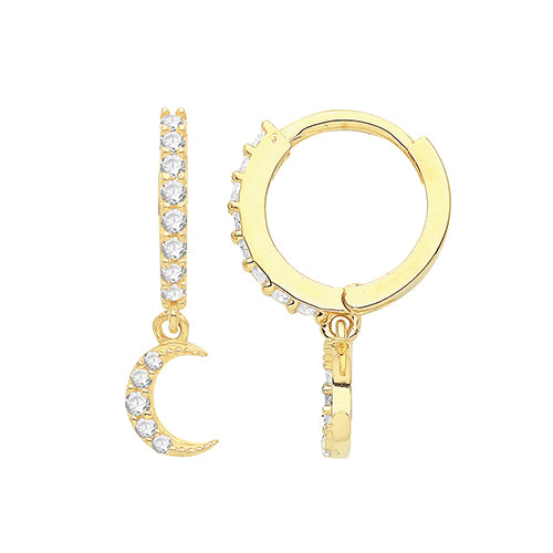 9ct Gold CZ Moon Drop Huggie Hoop Earrings - John Ross Jewellers
