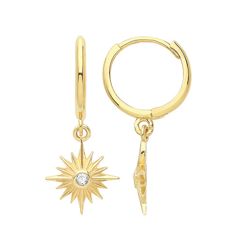 9ct Gold CZ Starburst Drop Huggie Hoop Earrings - John Ross Jewellers