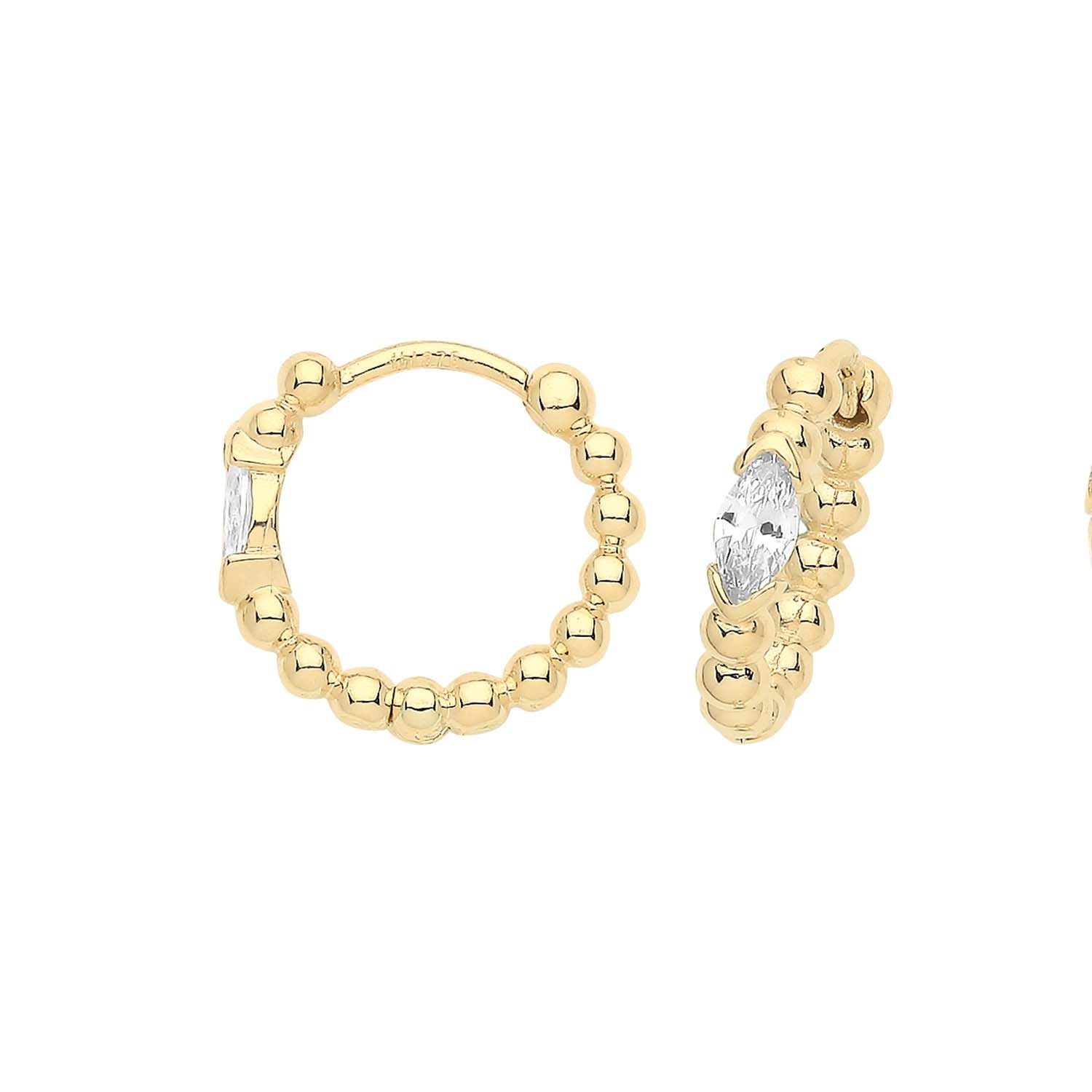 9ct Gold Marquis CZ Beaded Huggie Hoop Earrings - John Ross Jewellers